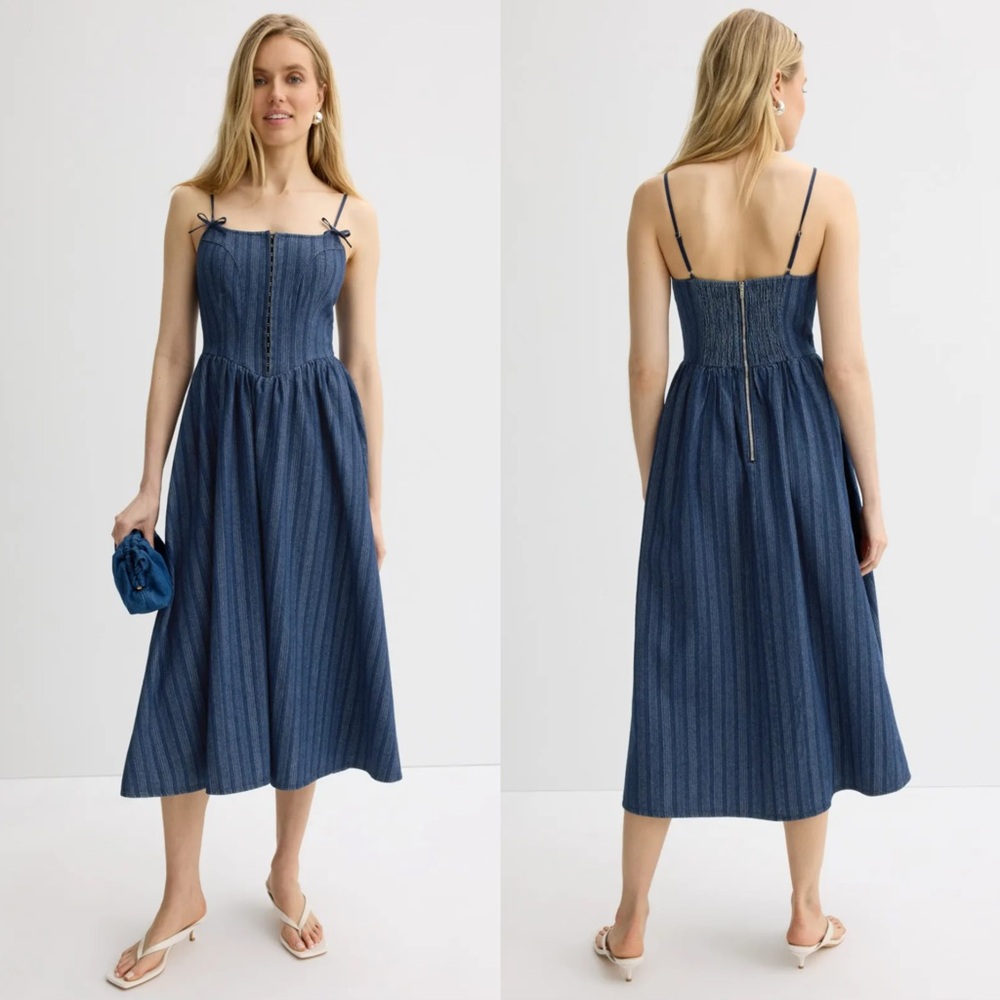 Moon River Strap Bow Detail Denim Midi Dress - Picture 3 of 15